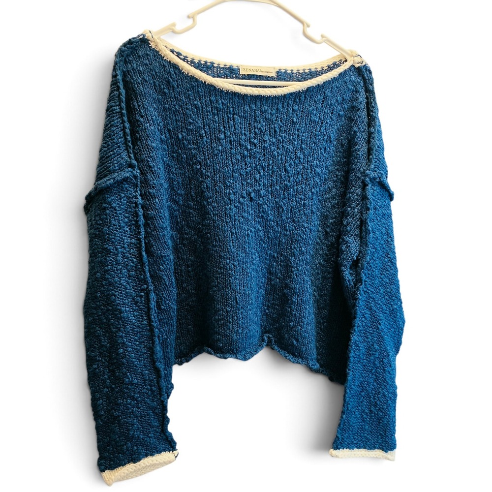 Zenana Blue Slub Popcorn Knit Cropped Sweater Contrast Trim Women's Large